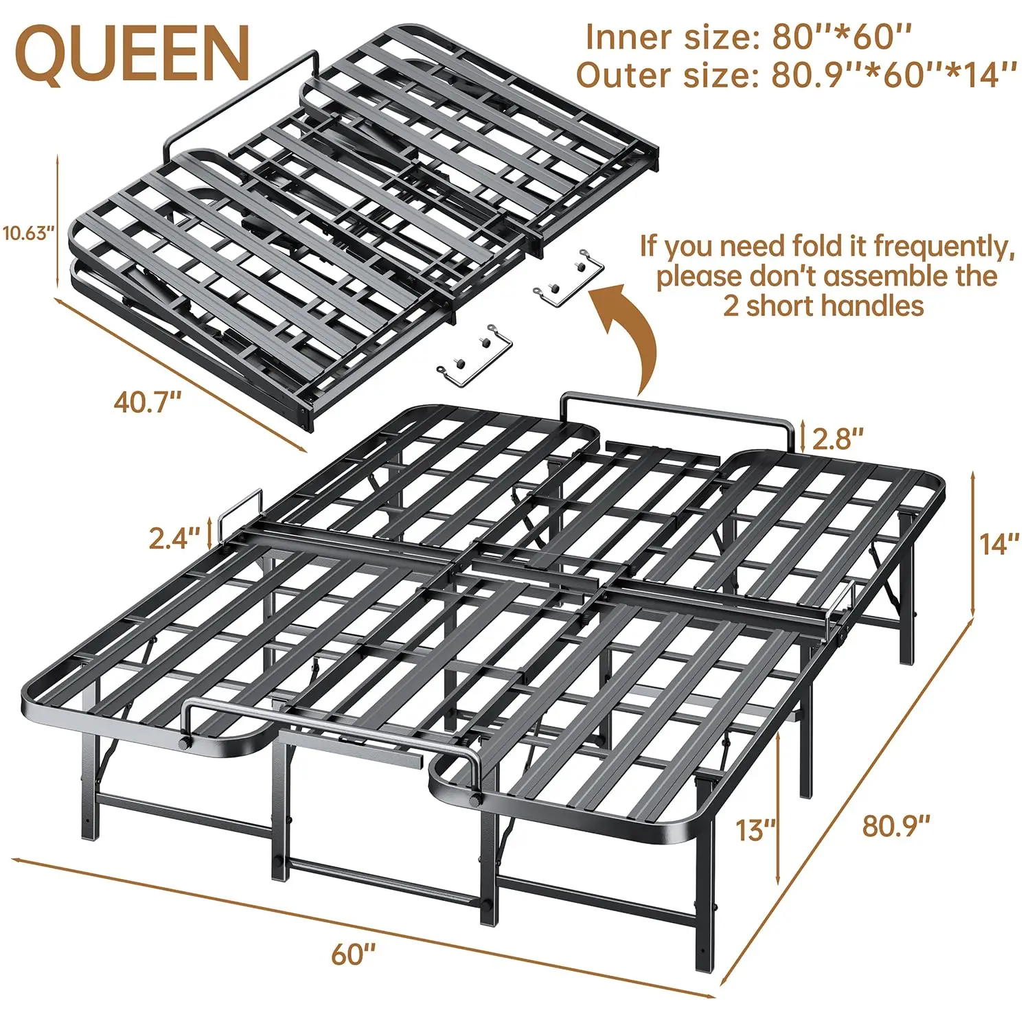 Foldable Queen Bed Frame, Heavy Duty Folding Bed Frame Queen Size,14 Inch Sturdy Metal Platform Bed with 12 Unshakable