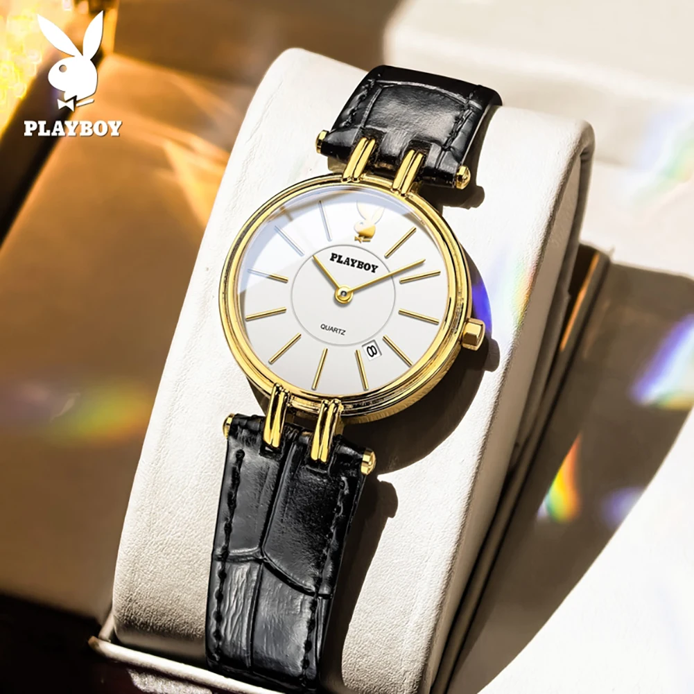 PLAYBOY Women's Slim Dial Quartz Watch Waterproof Luminous Casual Simple Date Wristwatch For Woman Dress Gift Reloj 3125