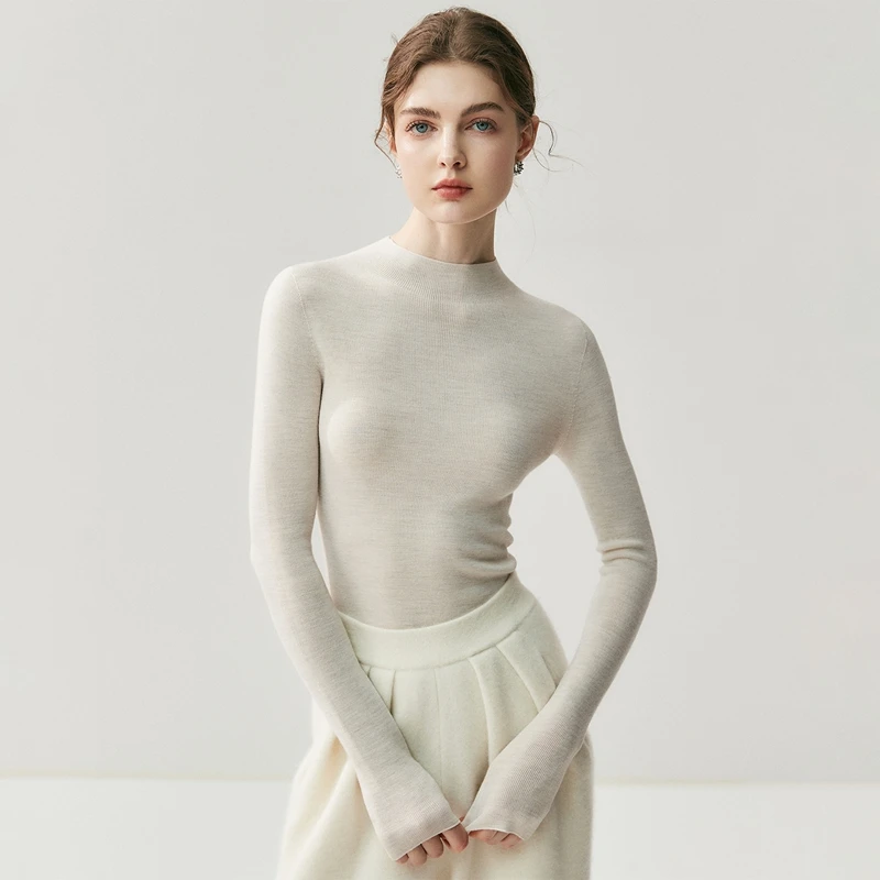 

Women Fine Wool Slim Sweater Pullover Mock-neck Spring Autumn 100% Pure Wool Knitwear Machine washable High-end Threaded Top