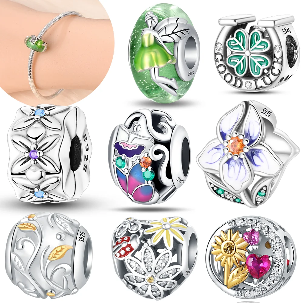 

925 Sterling Silver Certified Original Charms Green Plant Pendant Pink Lotus Sunflower Beads Fit Bracelet Women Jewelry Gift Diy