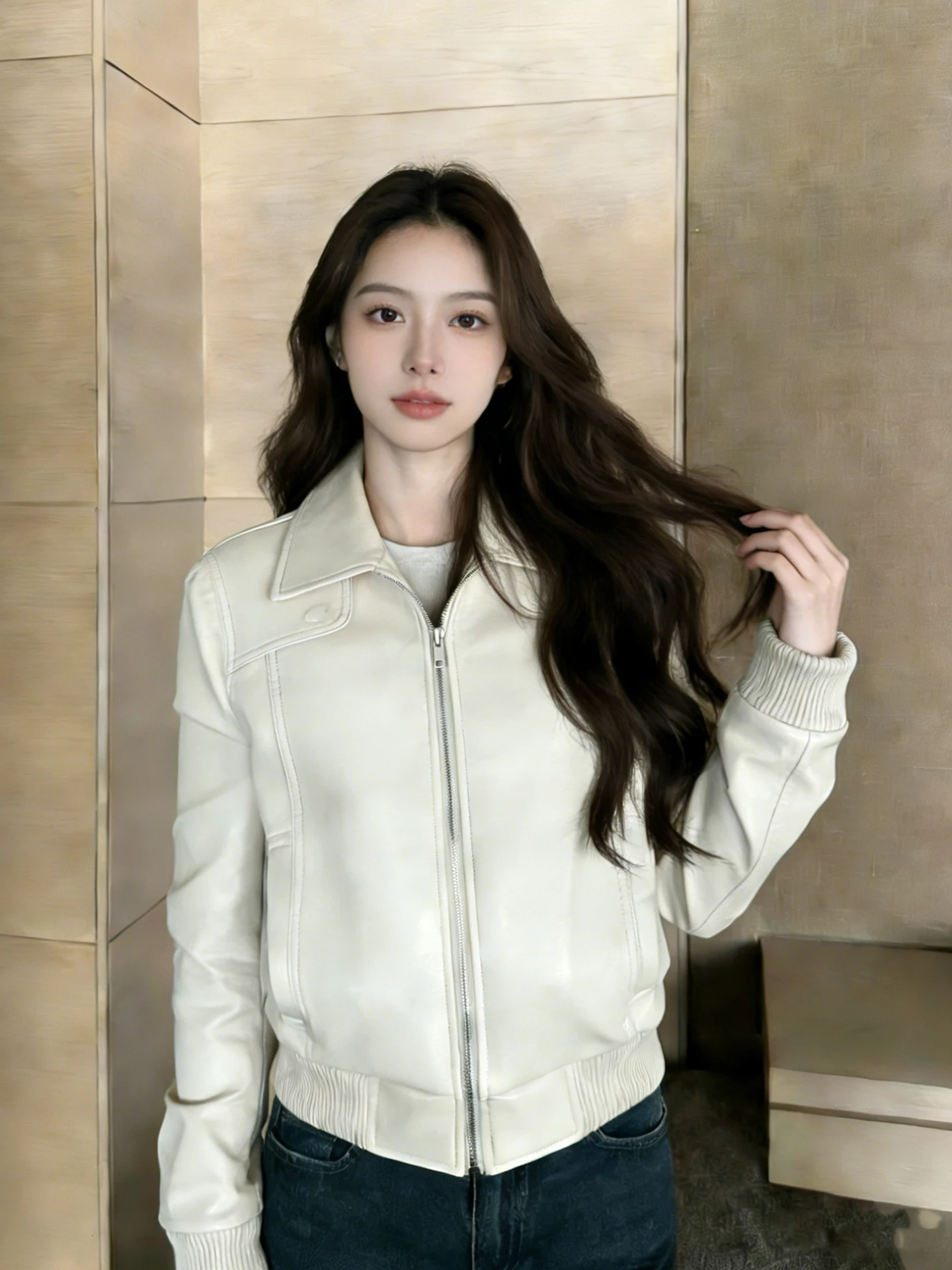 Jaqueta Feminina Americana de Couro PU com Zíper, Estilo Slim, Moda Urbana, Nova Chegada Primavera, Top Versátil