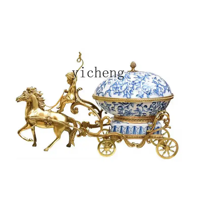 L3-11creative ceramics with copper horse-drawn cart fruit plate ornament, living room entrance blue and white porcelain ornament