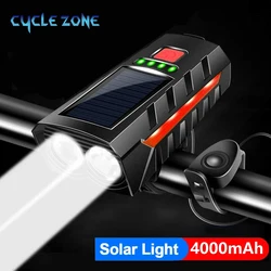Solar Bicycle Light with Horn Rechargeable Bike Front Lamp Red Side Light Mountain MTB Headlight Bike Bell Cycling Accessories
