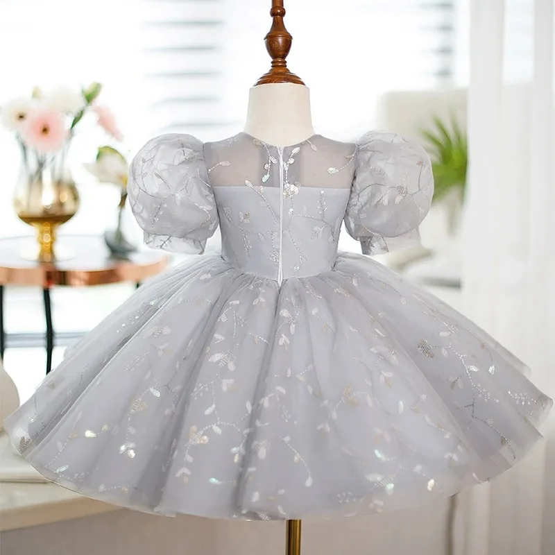 Neonate argento perline Tulle Flower Girl Dress per matrimonio grigio compleanno comunione abito cerimoniale per 1-2-4-6-8-10 bambini