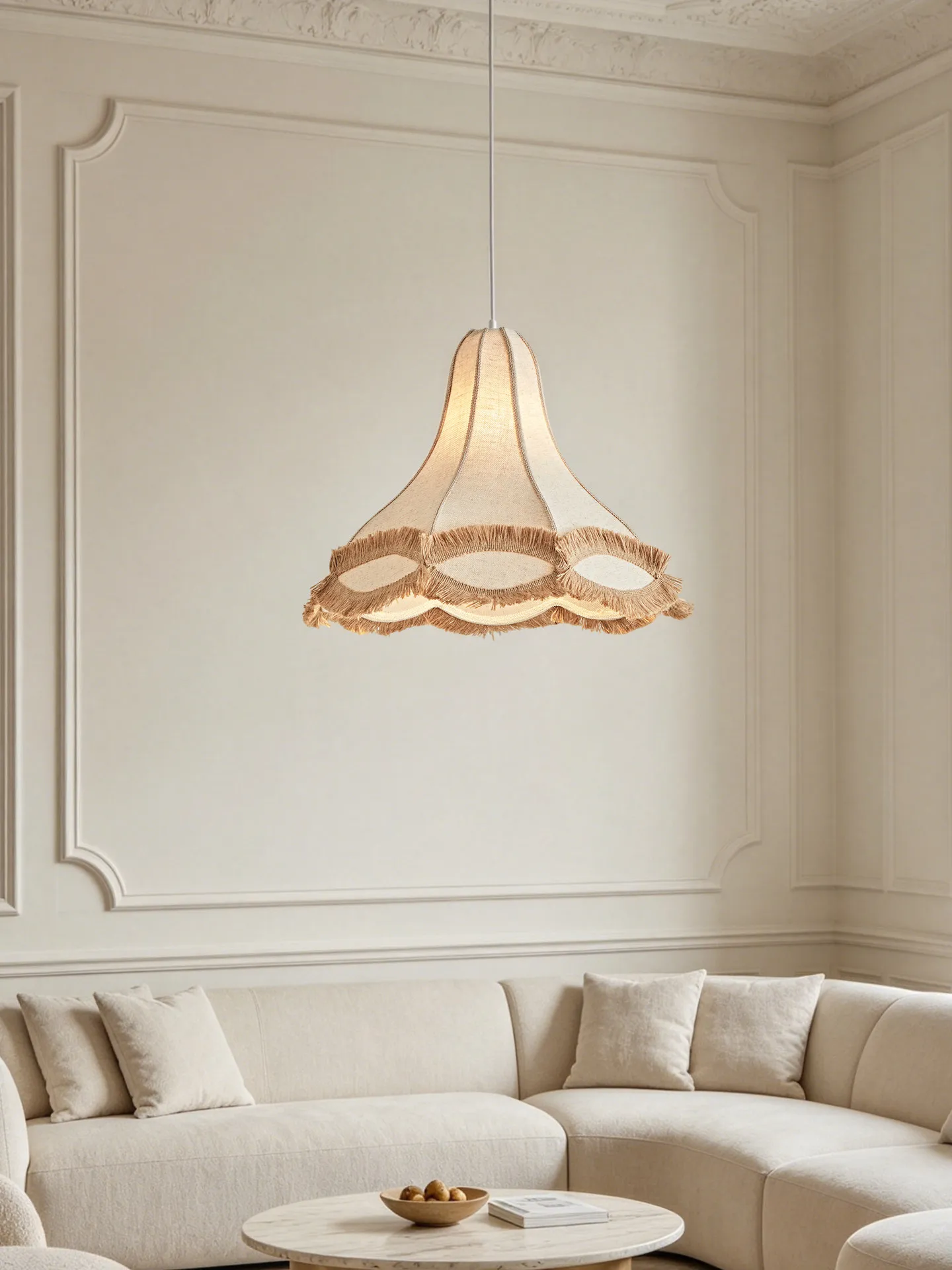 Vintage Bell Shape Tassel Fabric Pendant Lamp Bohemian Beige Linen Shade Ceiling Hanging Light