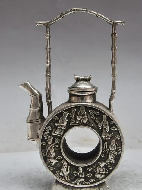 

decoration bronze factory outlets Tibet Silver 8" china folk silver 8 god Eight immortals statue Yellow rice Wine Tea Pot