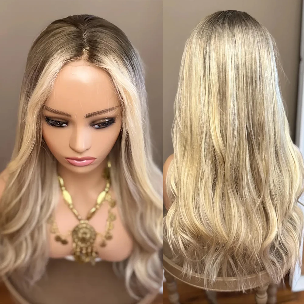 

HD Lace Front Wig Warm Blonde Balayage Dark Roots 24" Synthetic Wig Premium Luxury Fibre Loose Wave Wig for Women Realistic Look