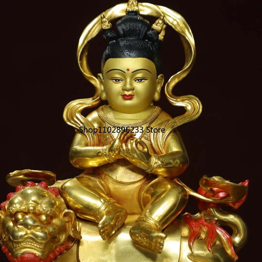 Tibetan copper gilt painted face Q version split Manjushri Bodhisattva riding a lion statue Prince Tara ornament hall supplies 2