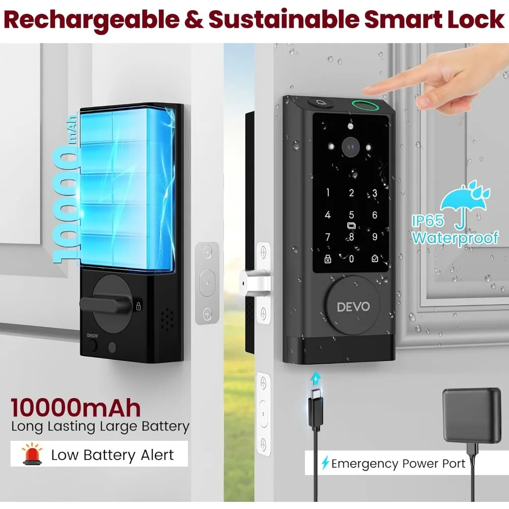 DEVO G1 Video Smart Lock with Camera & Doorbell, 6-in-1 Keyless Entry Door Lock with Fingerprint, App Remote, Auto Locks, Built-