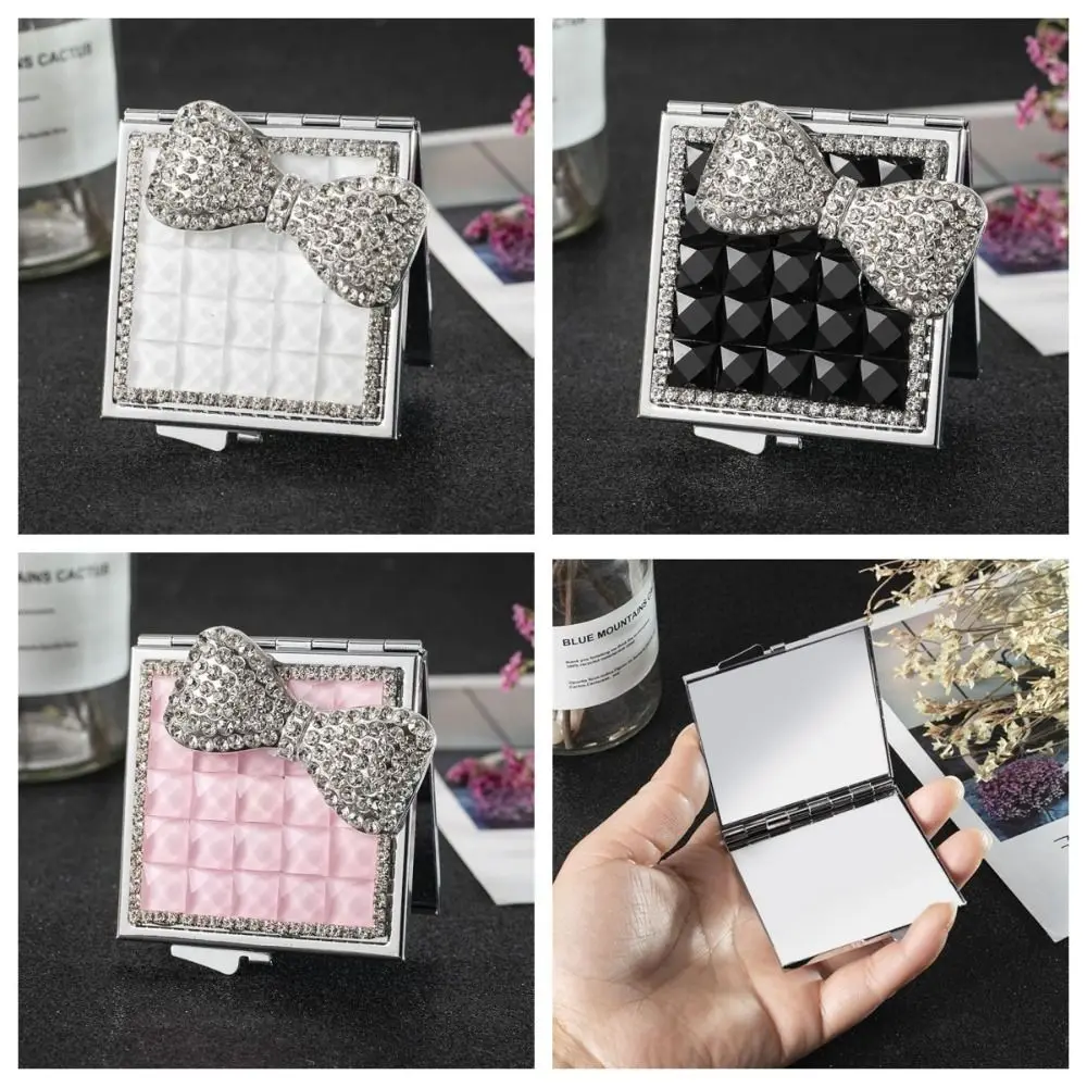 Make-up-Spiegel, Metall, quadratischer Spiegel, Strass-Dekor, Rose, exquisiter Spiegel, Schleife, Kristall, Taschenspiegel für Damen