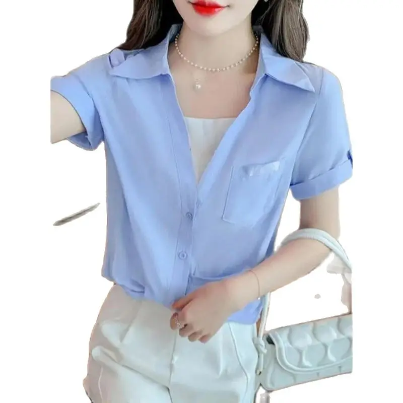 Polo Shirts for Women 2024 Fashionable French V-neck Fake Two White Shirts Summer Design Korean Loose Short Sleeved Shirt Top