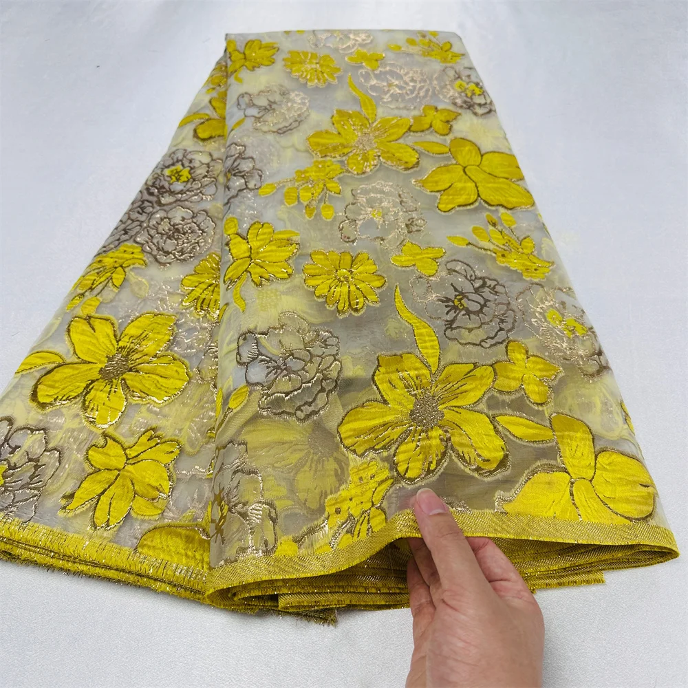 Yellow African Jacquard Brocade Luxury Fabric Nigerian Organza Lace Tulle Mesh French Net Material Brocard Tissu 5Yard WJ3