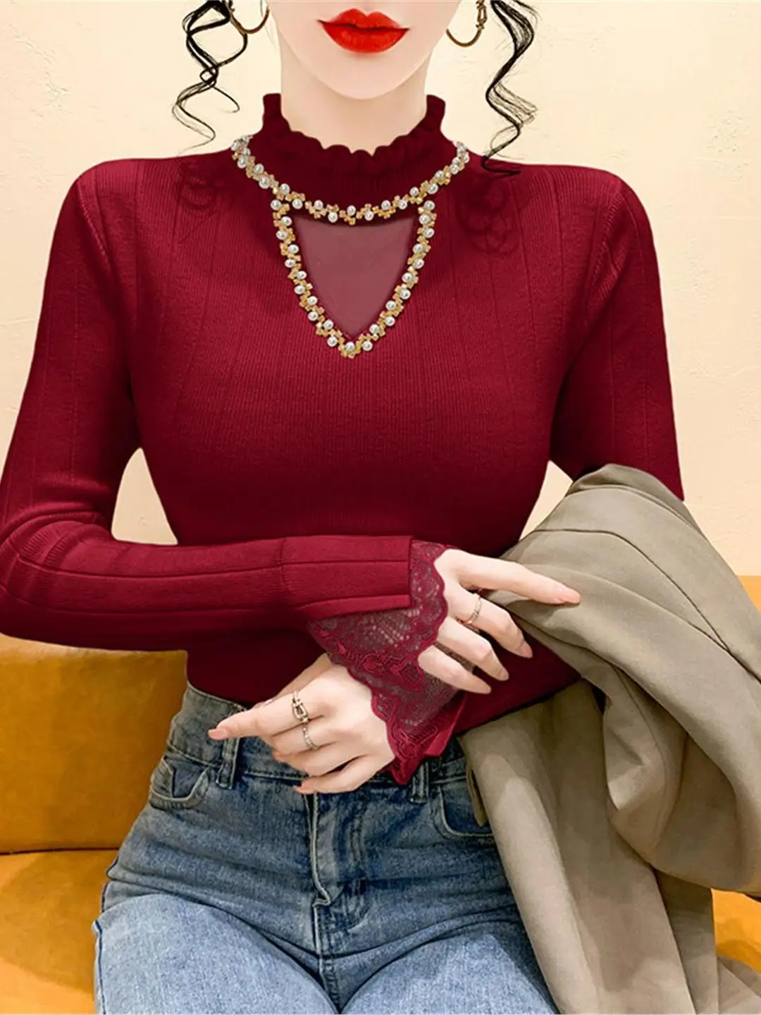 

French Sle Lace Splice Hollow out Knitted Sweater Women's Slim Fit Long Sve High Collar Top for Autumn Winter