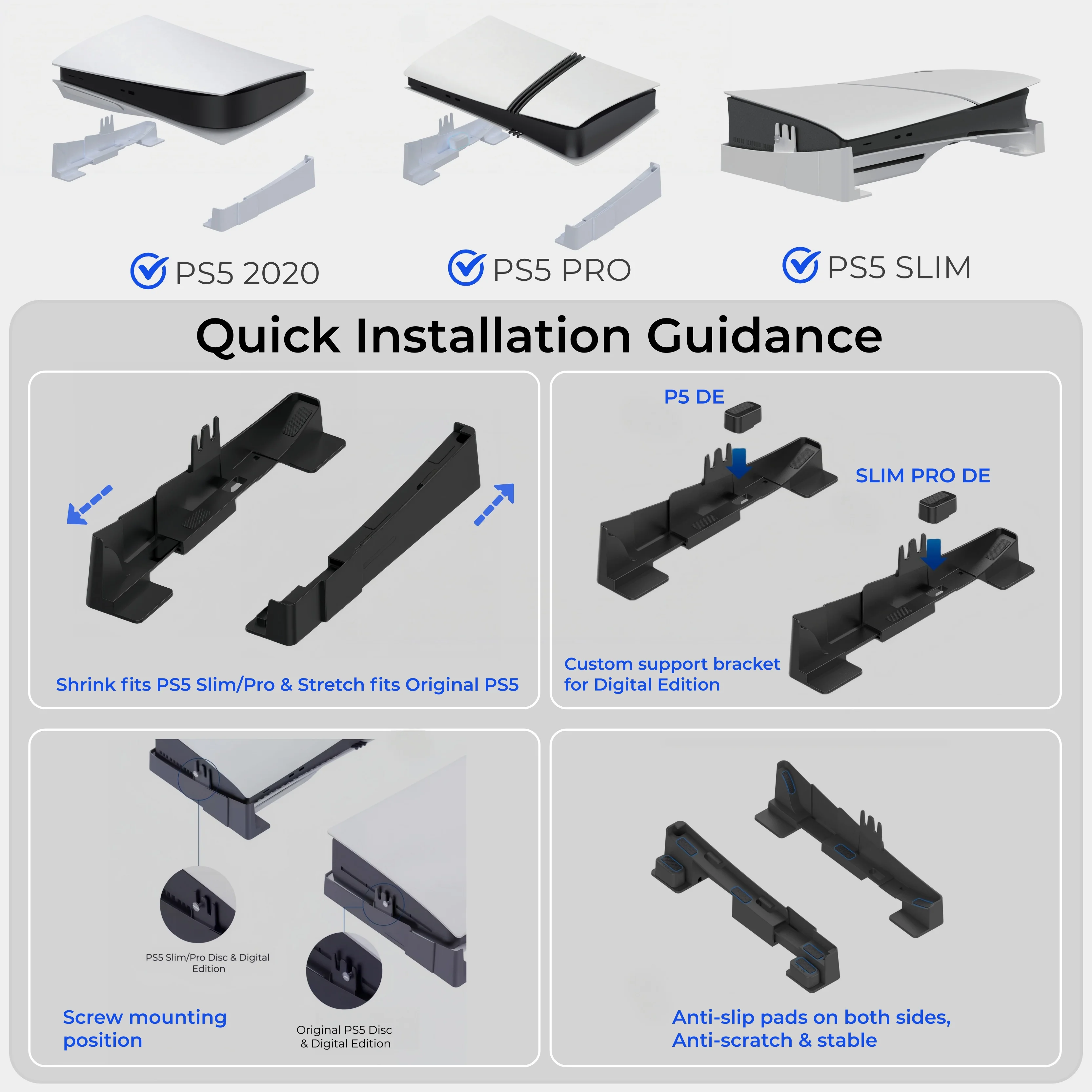 PS5/Slim/Pro Horizontaler Ständer für Disc- und Digital-Konsolen, Schützender Stabiler PlayStation 5 Ständer, Skalierbares Design für PS5-Zubehör – Detail 10