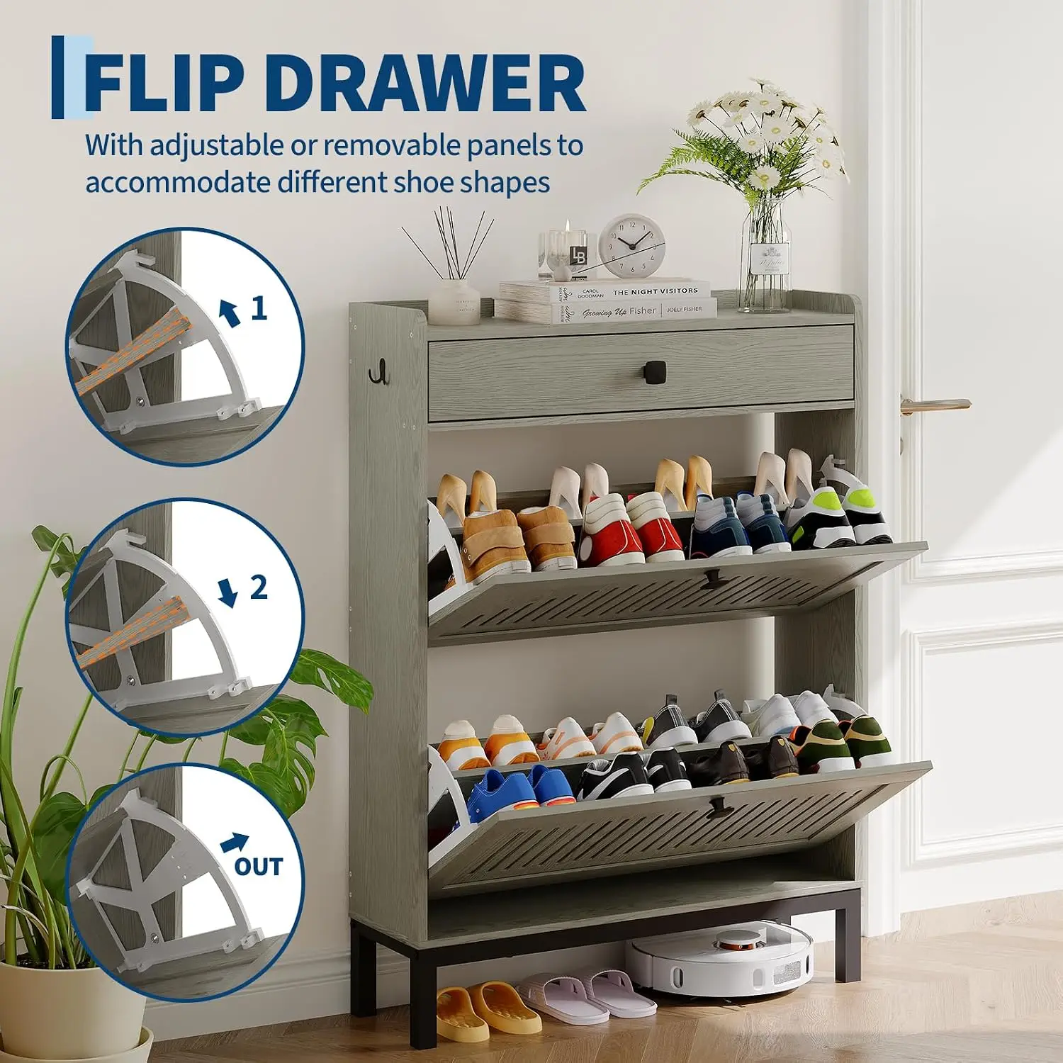 Shoe Cabinet with 2 Flip Drawers and 1 Top Drawer, Grey