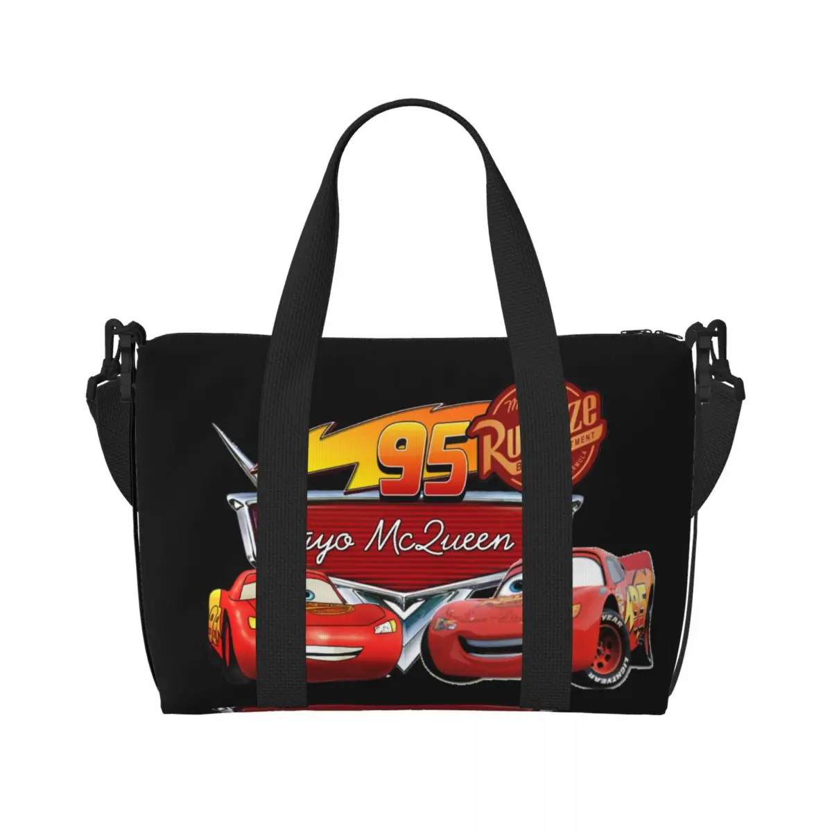 Custom Lightning McQueen Beach Tote Bag for Women Cartoon Large Compartment Beach Gym Travel Bags