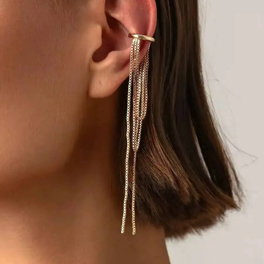 SHIXIN 1Pc Long Tassel Ear Cuff Ear Clip Without Hole C Shape Earring Women Charms Gold Color Metal Daily Jewelry Accessory Gift