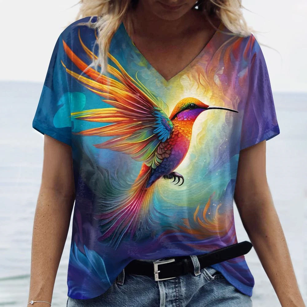 

Summer Floral Birds Animals 3D Printed Tops V Neck Fashion Female Vintage Clothing Aesthetics Tees Loose Oversized Funny T-Shirt