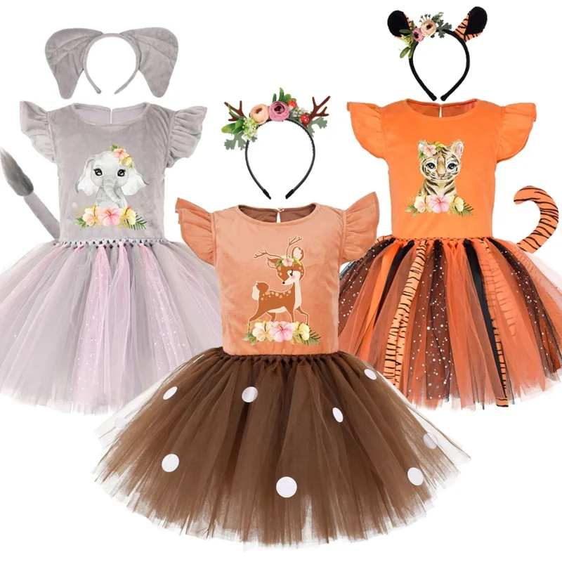 Disfraz de Halloween de animales para niñas, manga acampanada, vestido de tutú hasta la rodilla con diadema, cola de Navidad, alce, elefante, tigre