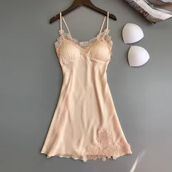 Vestido de noche de satén de seda para mujer, camisón Sexy sin mangas con cuello en V, ropa de dormir de encaje