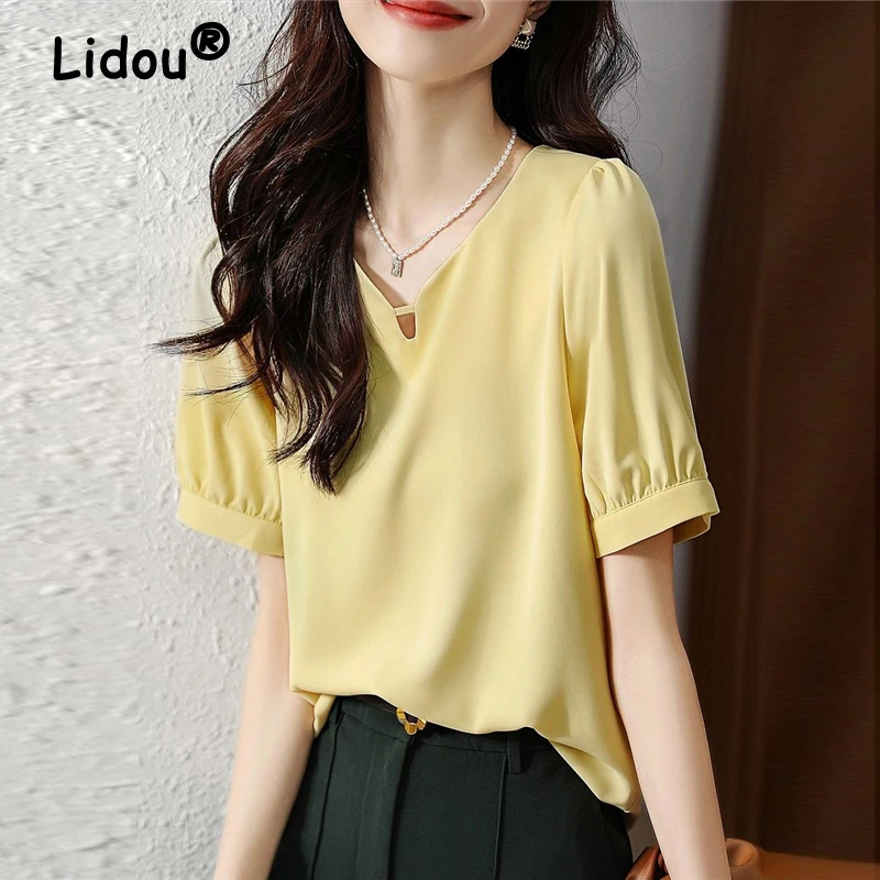 Women Summer Korean Fashion V Neck Hollow Elegant Blouse Yellow Sweet Short Sleeve Shirt Simple High Quality Chiffon Tops Blusas