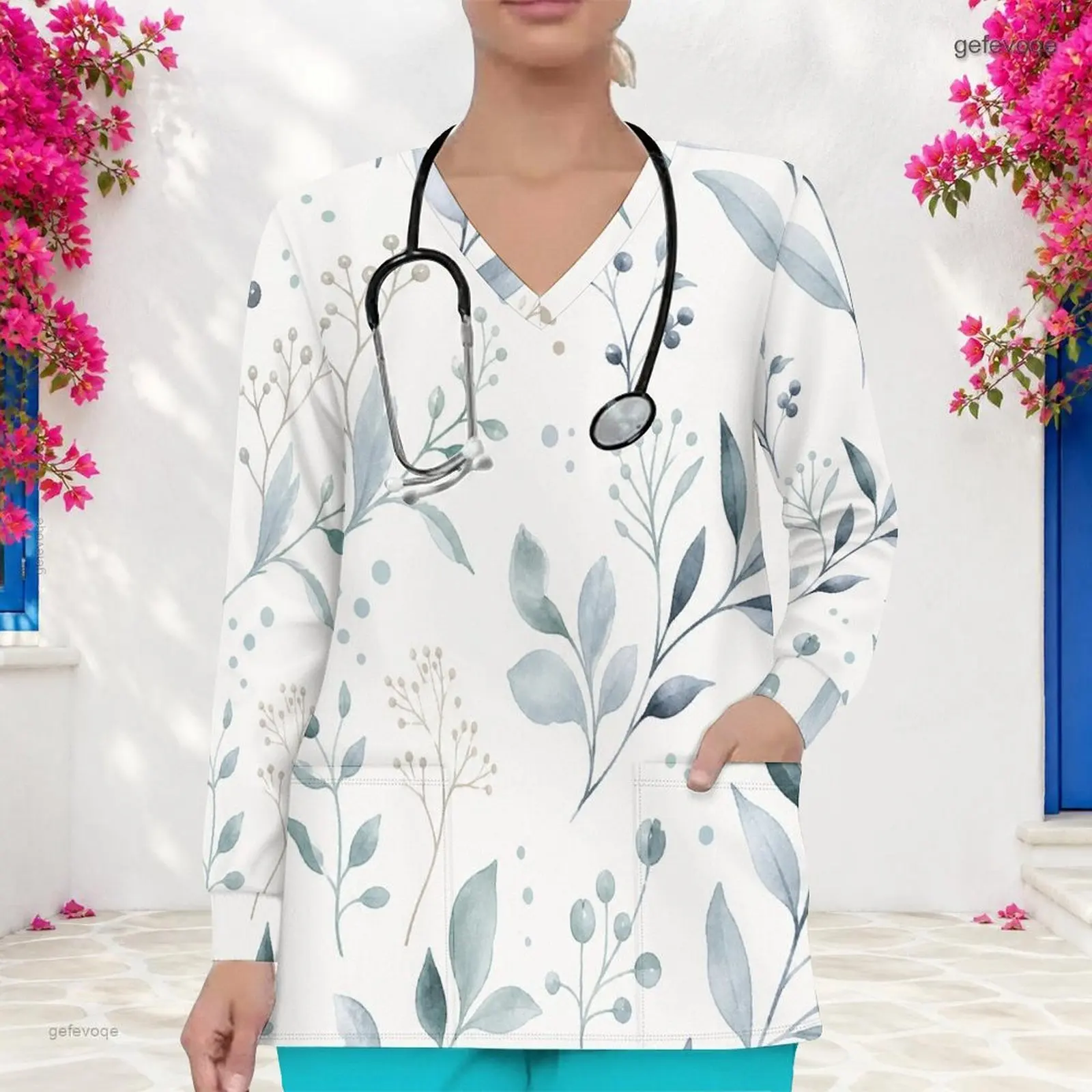 Women V Neck Long Sleeve Front Pockets Printed Scrub Top