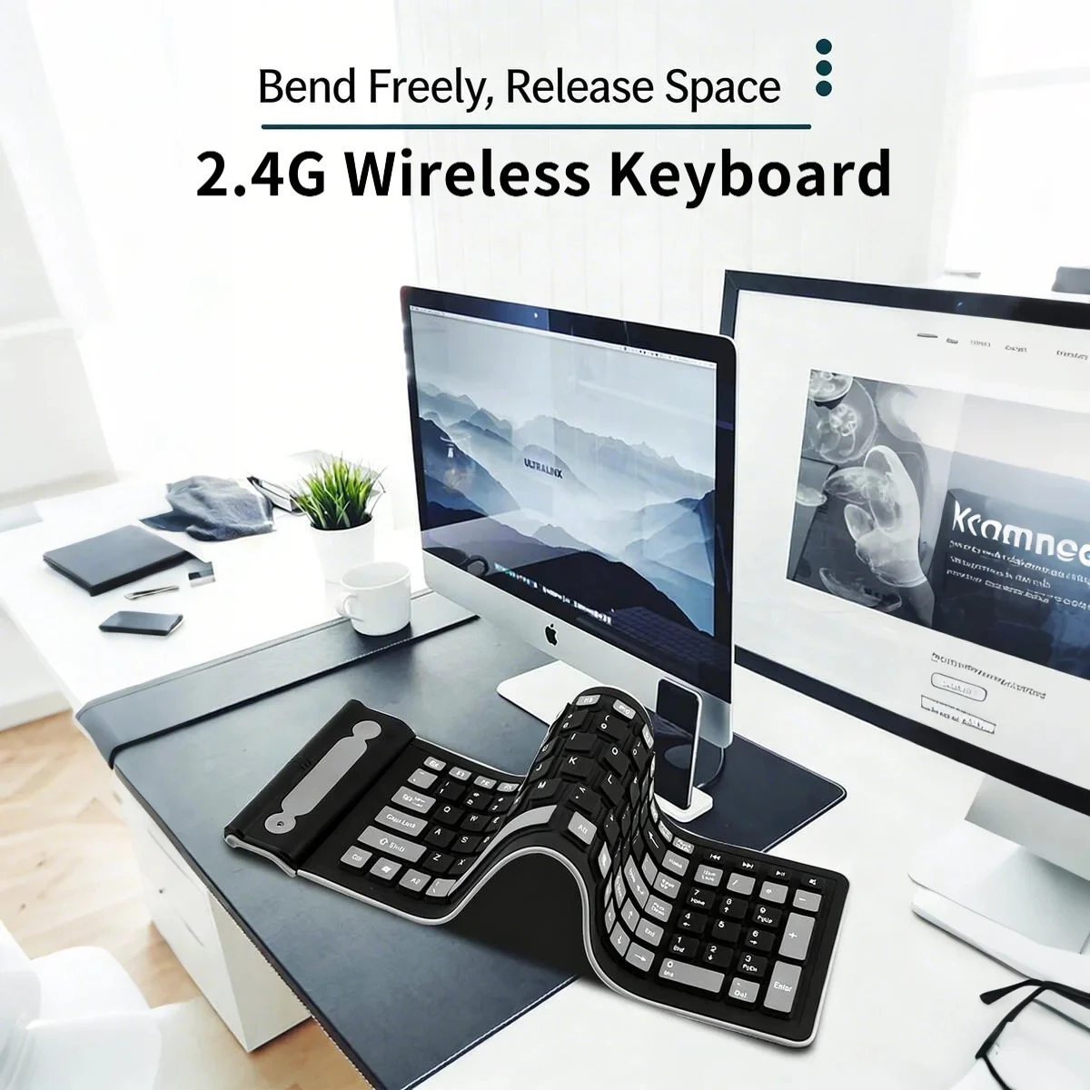 2.4G Wireless Silent Silicone Soft Keyboard Foldable Rollable Waterproof Dustproof Lightweight Keypad for PC Laptop Office Use