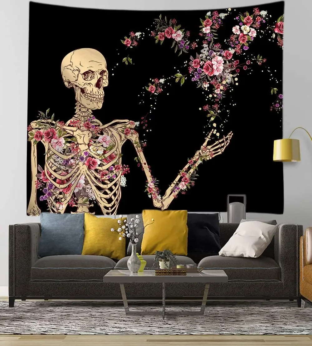 Skull Skeleton Watercolor Flowers Bouquet Wall Hanging Tapestry