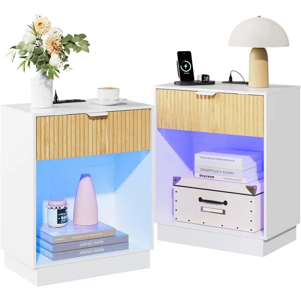 Nightstands Set of 2 with Charging Station & Built-in LED Lights, Bedside Tables with Wave Pattern Drawer & Open Shelf, Safe for