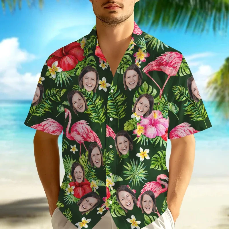 

Summer Vacation Custom Diy Face Hawaiian Shirt Tropical Beach Print Personalized Photo Button Up Hawaii Shirts Casual Unisex Top