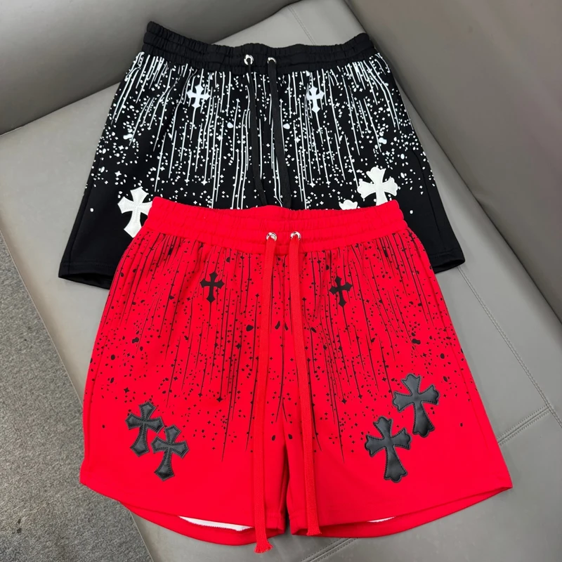 

Leather Cross Patch Meteor Shower Label Black Red Shorts Shortpants Men Women High Street Casual Loose Straight Short Pants