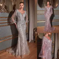 Stunning Evening Dresses Mermaid V-Neck Appliques Beading Long Sleeve Prom Gown Party Dress Vestido De Noite Custom Made
