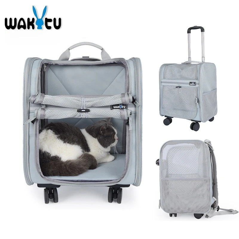 

Wakytu Cat Backpack Trolley Box Double Shoulder Large-capacity Polyester Breathable Transparent Pet Rod Travel Backpack for Cat