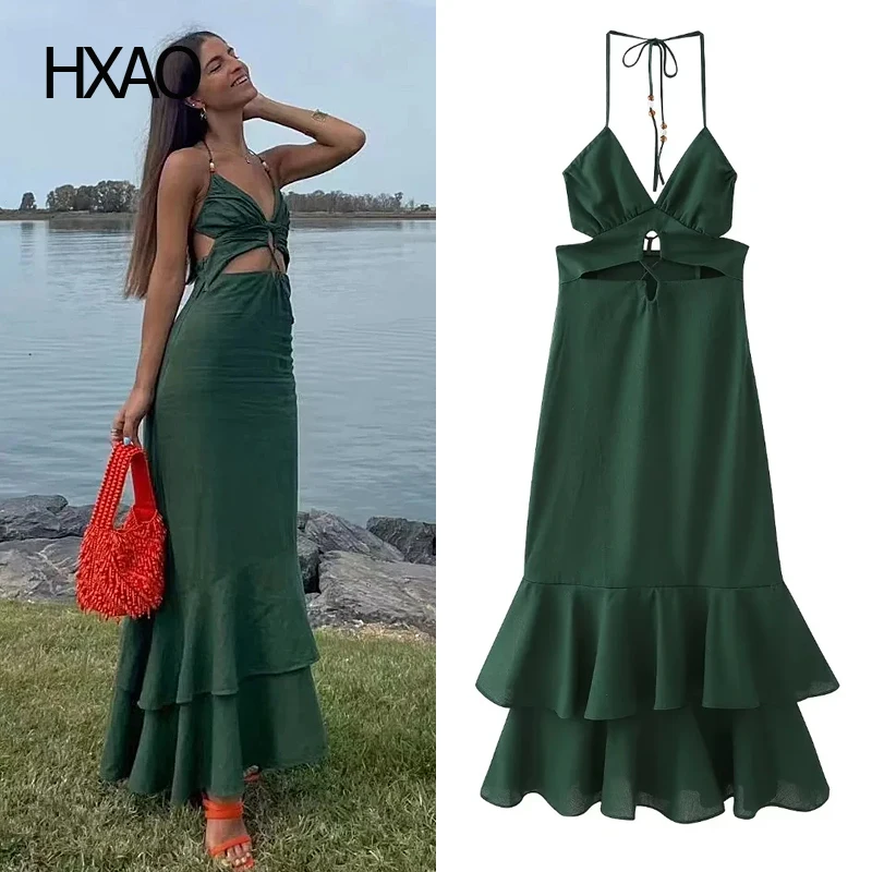 

HXAO Dresses for Women Summer Dress Hollow Green Dress Beach Dress Long Dress Lace-Up Bead Strapless Halter Dress 2024