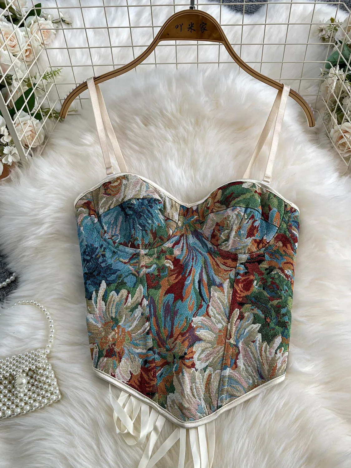 Retro Oil Painting Style Heavy Embroidery Strap Vest Women's Summer Slimming Tie Top V-neck Floral Print Formal Commute