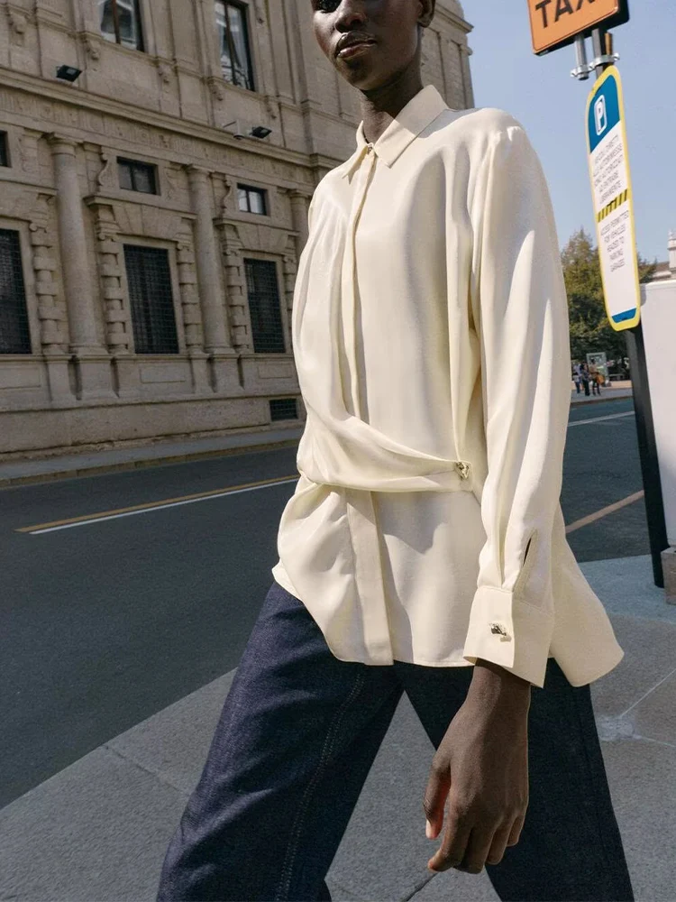 

European and American style autumn new fashion casual women's clothing solid color long sleeve gold button double breasted shirt