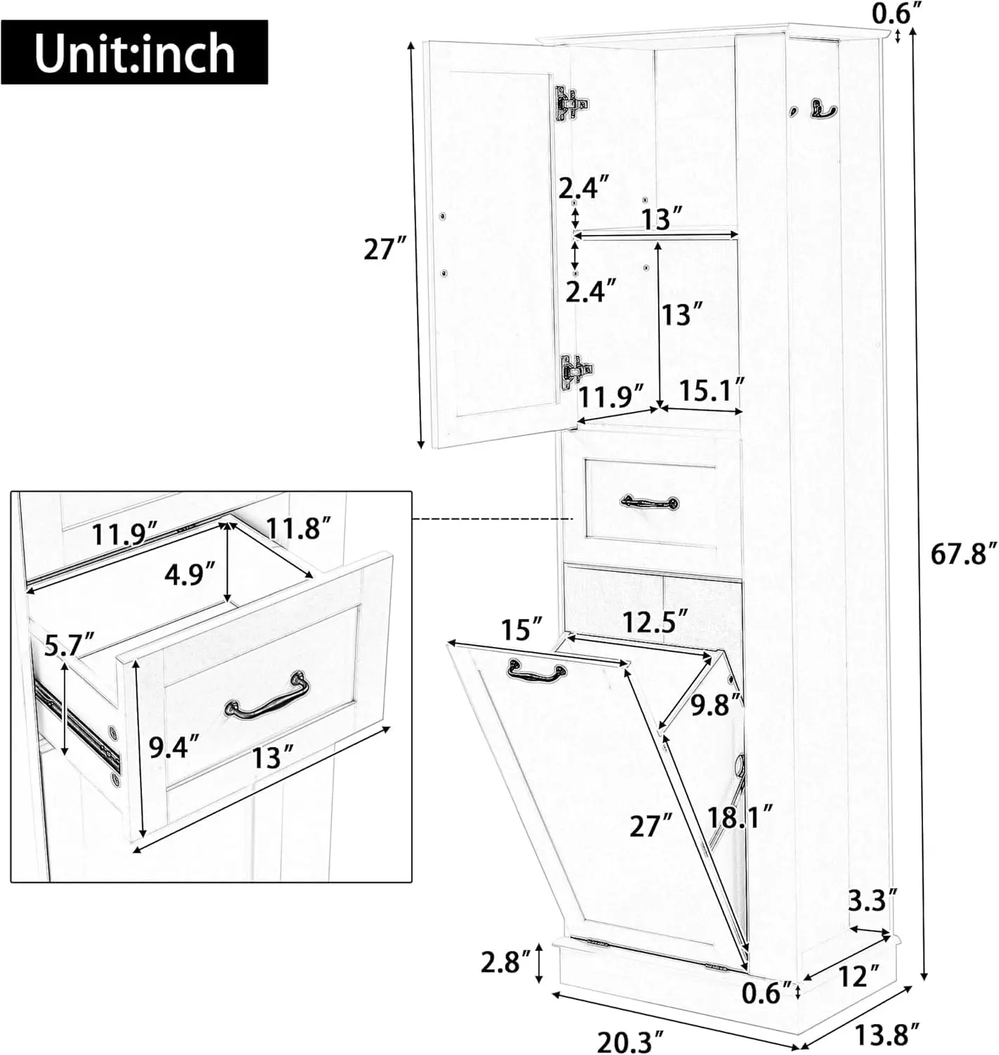 Tall Laundry Cabinet with Tilt Out Hamper & Door, Drawer, Adjustable Shelves, Freestanding Wood Bathroom Storage, Customized
