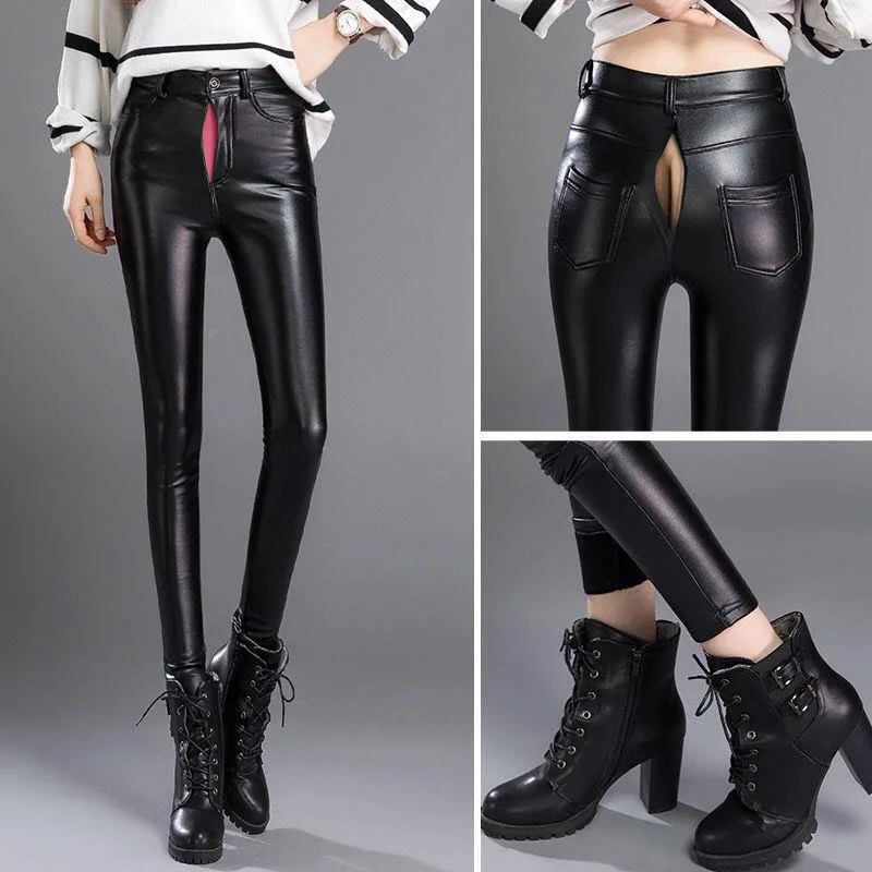 Invisible Open-Seat Pants Outdoor Sex Leather Pants Women\'s Velvet PU Trousers Winter High Waist Stretch Tight and Warm Leggings