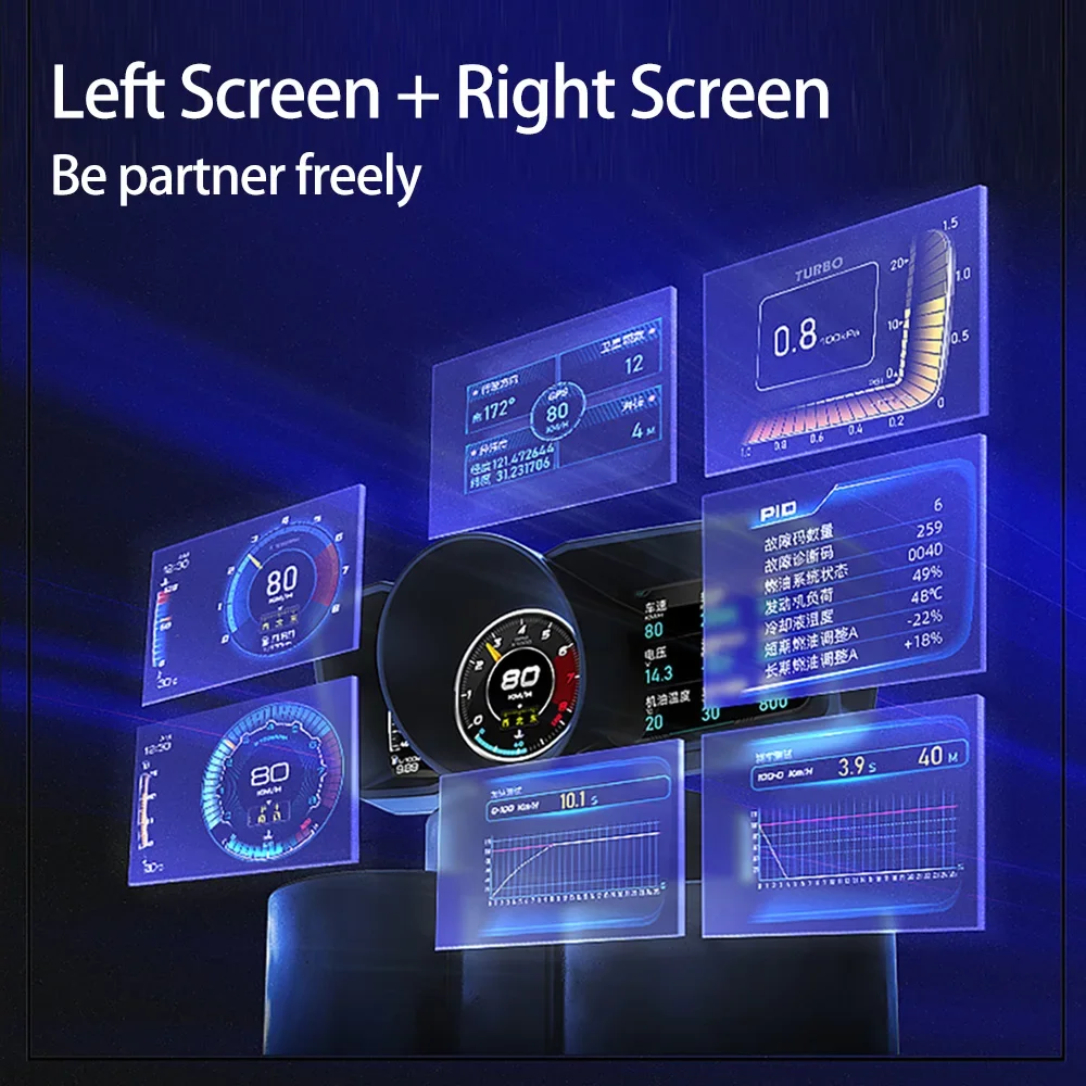 Dual Screen Car Head Up Display OBD2 GPS Auto Display Smart Car HUD Dashboard Computer Gauge Speedometer Water&Oil Temp. RPM