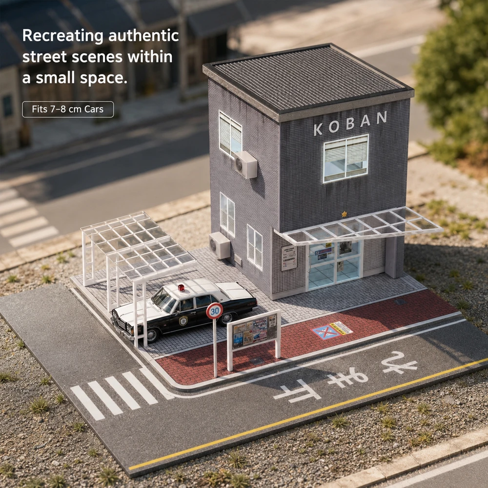 1:64 Diorama Polizeistation Modell Straßengaragen-Szene Gebäude Parkplatzmodell, Für Ausstellungsmodelle von 1/64 Druckguss-Autos