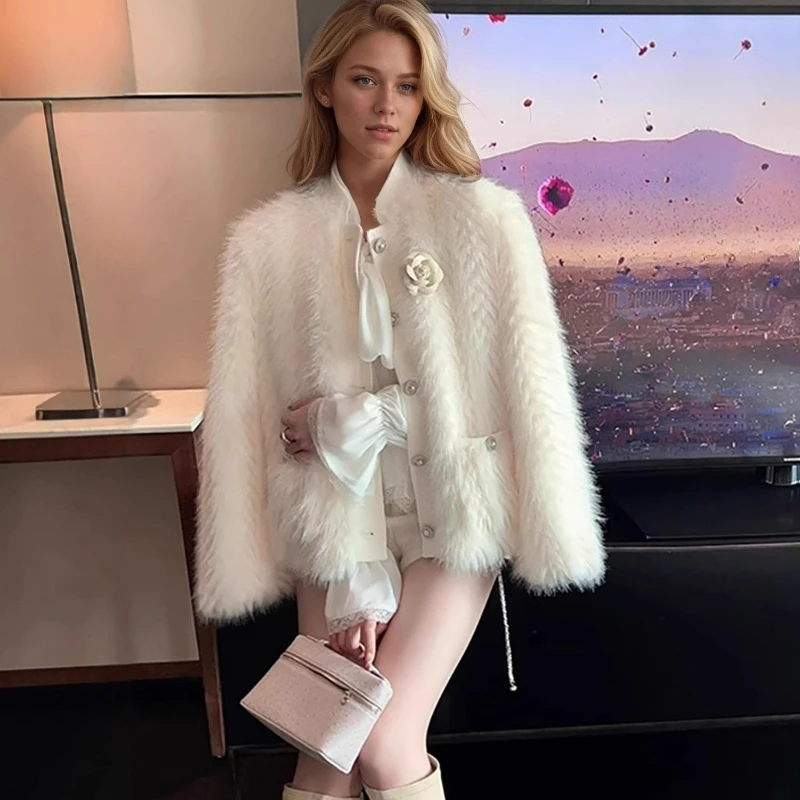 معاطف سميكة من فرو الثعلب على الموضة لشتاء 2026 على الطراز الاجتماعي الأمريكي معطف ثلاثي الأبعاد على شكل زهرة واحدة الصدر للنساء