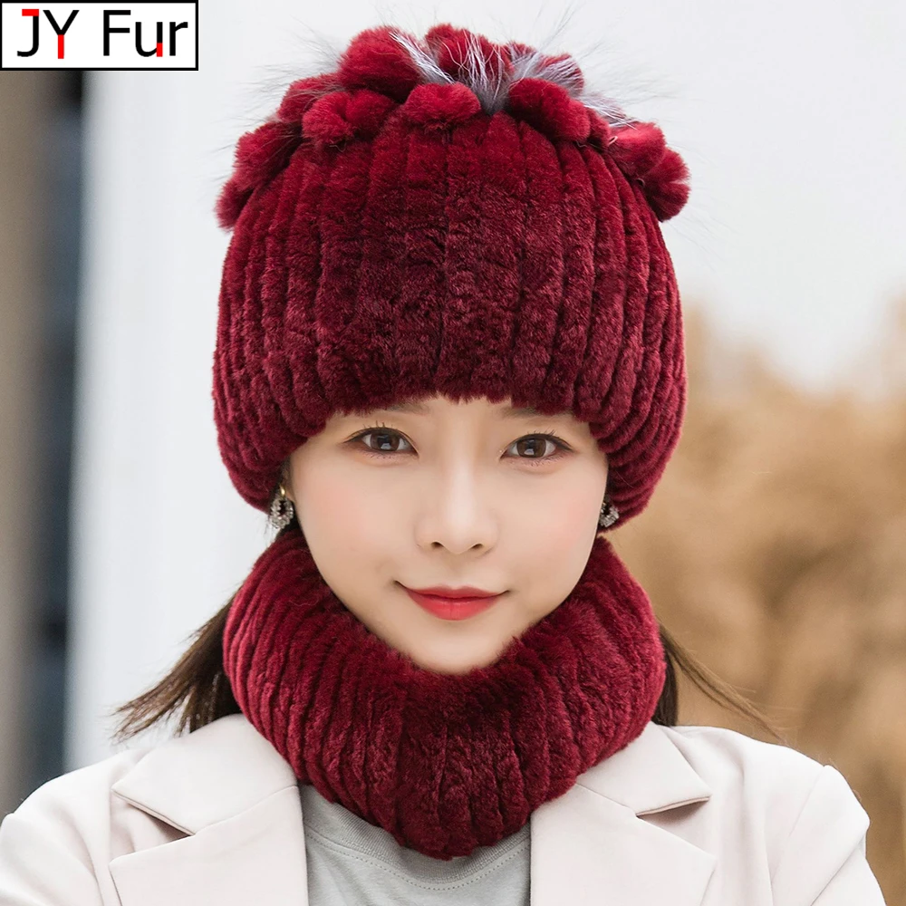 

Natural Real Fur Hat Scarf 2 Pieces Women Winter Warm Real Rex Rabbit Fur Hats Scarves Lady Knitted Rex Rabbit Fur Cap Muffler