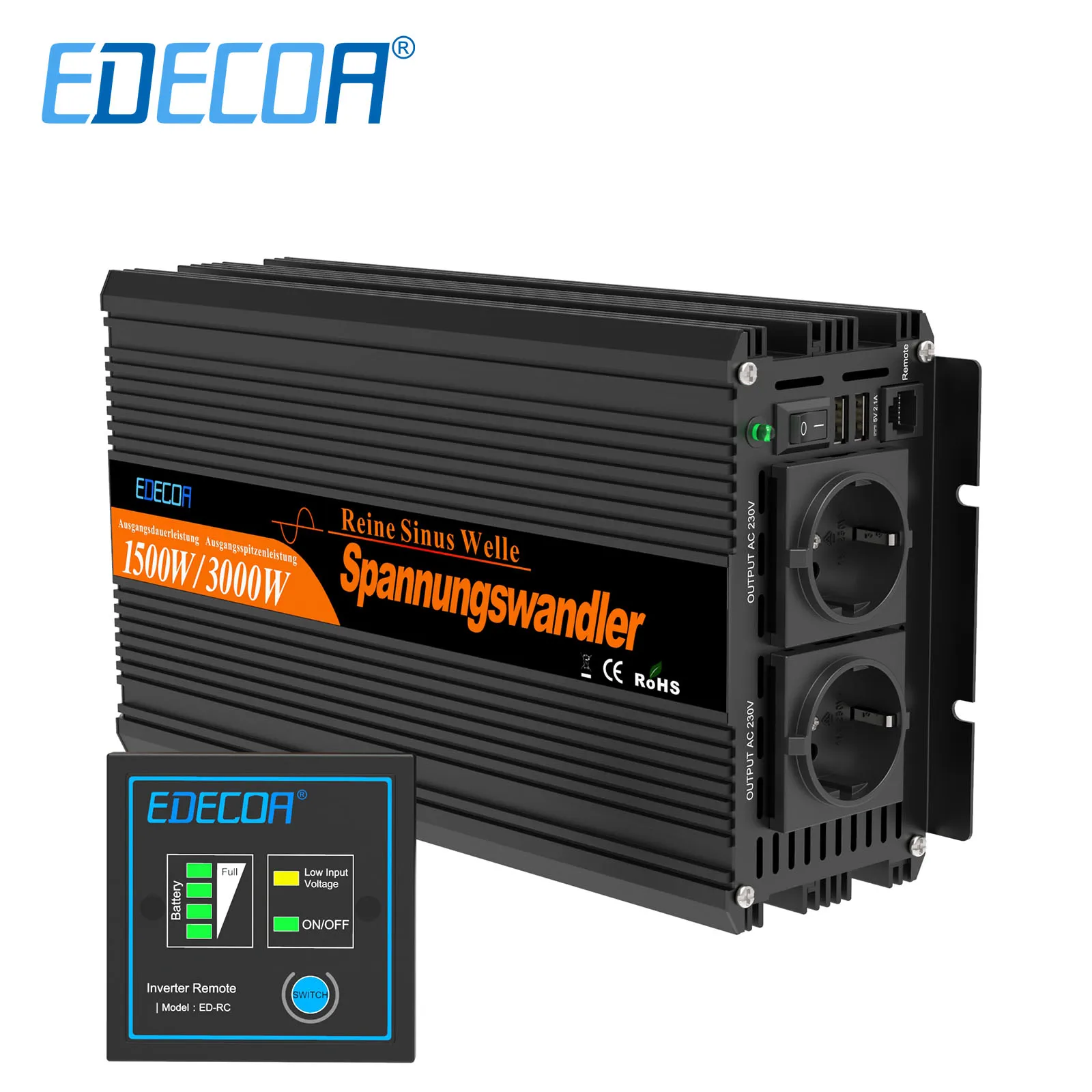 EDECOA 1500W 2500W 3500W Reiner Sinus-Wechselrichter DC 12V zu AC 220V 230V 240V Off-Grid-Wechselrichter für Zuhause, Hütte, Wohnwagen, Wohnmobil, Vanlife, Camping, Notstromversorgung