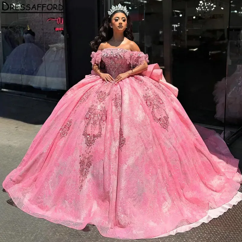 

Pink Off The Shoulder Quinceanera Dresses Ball Gown Sequined Appliques Lace Beading Crystal Sweet 15 Años Mexican Customized