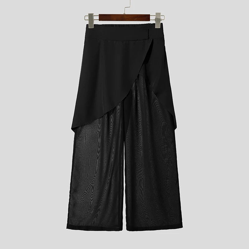 INCERUN Men Pants Mesh Patchwork Wide Leg Trousers For Man Streetwear Loose See Through 2026 Fashion Irregular Pants Pantalones