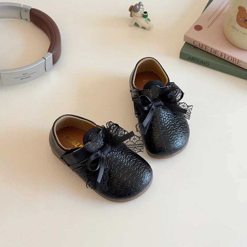Girls Leather Shoes Black White Versatile Children's Flats for School Performance Causal Fashion Bow Kids Formal Uniform Shoes