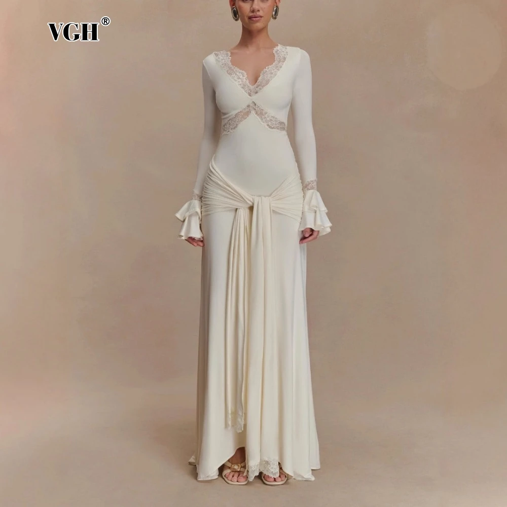 

VGH Fashionable Slimming Lace Edge Dress for Women V Neck Flare Sleeve High Waist Patchwork Bandage Pleated Maxi Dressse Female