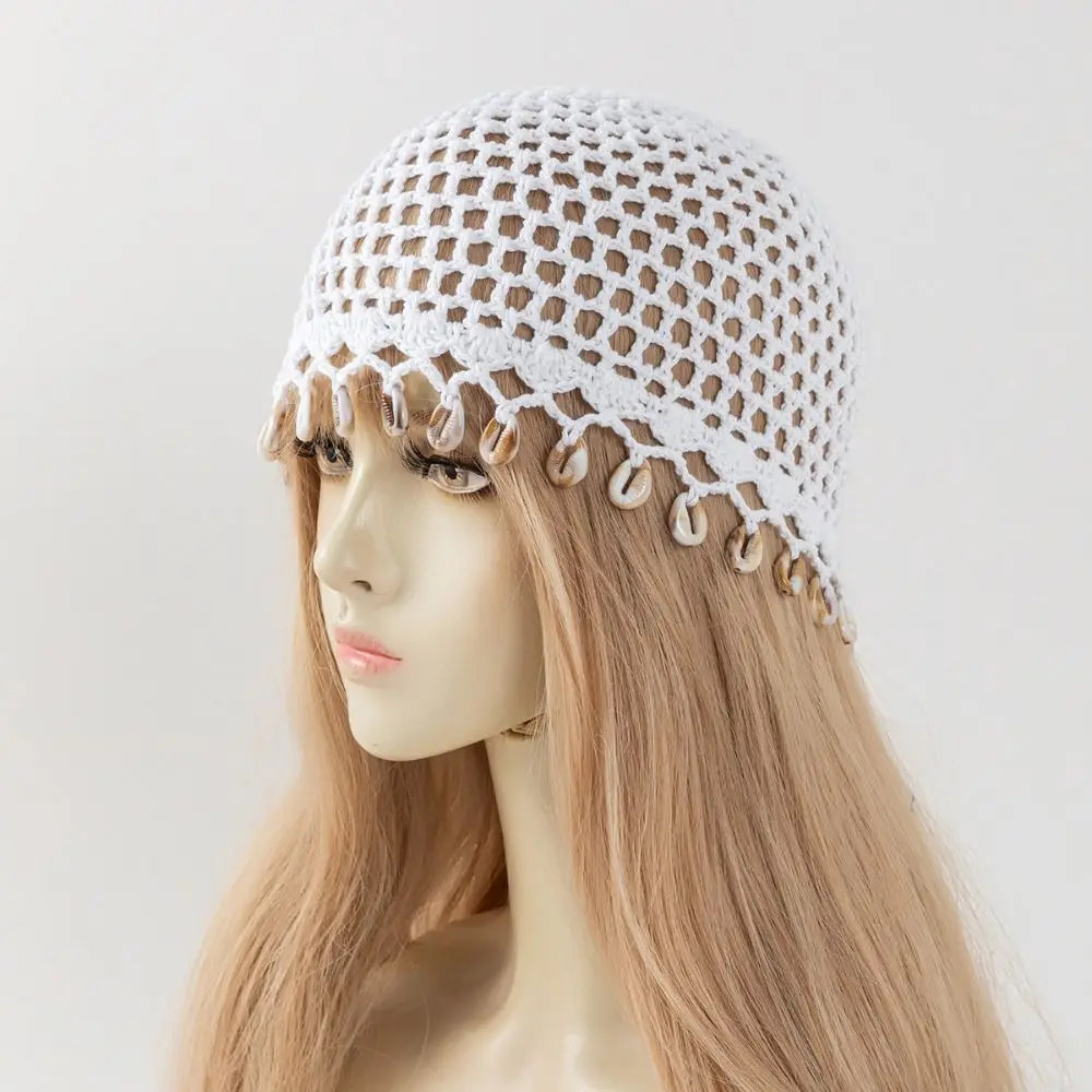 Cotton Crochet Shell Beanie Hat Shell Fringe Breathable Bohemian Beanie Hat Bohemian Style Hollow Out Summer Headwear