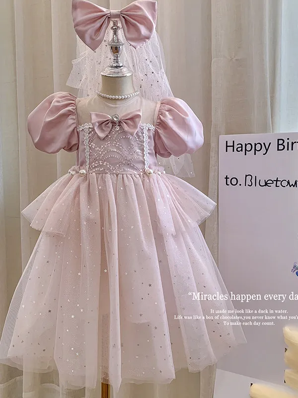 Sweet Baby Girls Summer 2026 New Fairy Pink Birthday Party Princess Dress Kids Bubble Sleeve Sequin Gauze Bow Casual Dresses