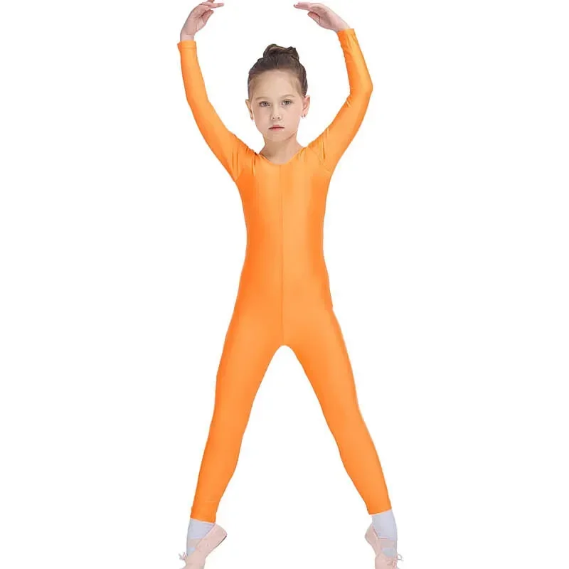 Classic Kids Ballet Dance Unitard Costumes Spandex Gymnastics Full Body One Piece Jumpsuit Girls Black Long Sleeve Scoop Neck